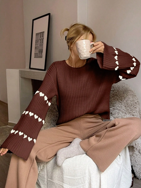 Women Heart Pattern Oversized Round Neck Drop Shoulder Long Sleeve Casual Knitted Sweater, Autumn/Winter