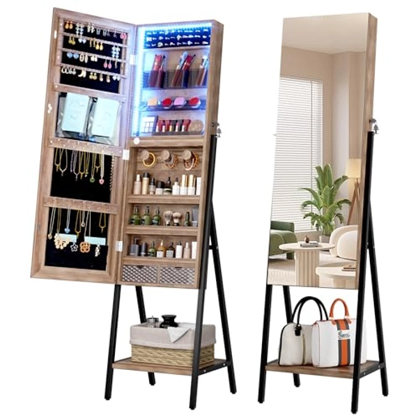 LVSOMT 3 LEDs Mirror Jewelry Cabinet Standing, 42.5" Jewelry Mirror Full Length with Storage, Freestanding Jewelry Armoire Organizer, Floor Mirror with Storage for Jewelry Cosmetics, Brown