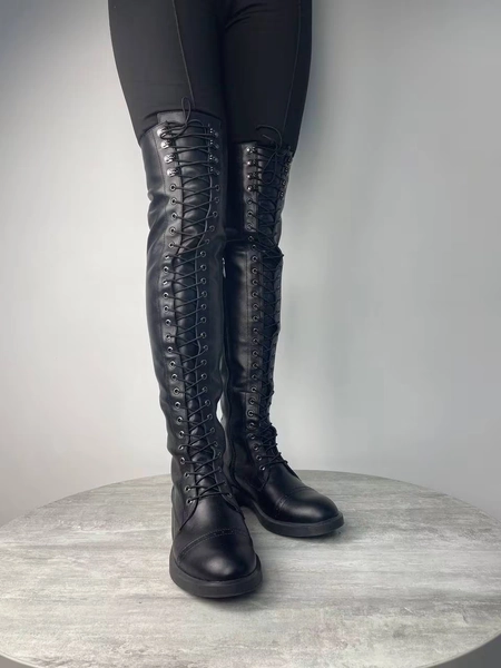 Over The Knee Combat Boots Full Lacing, Black Leather High Boots For Women Army Style, Handmade Winter Shoes Custom Personalized