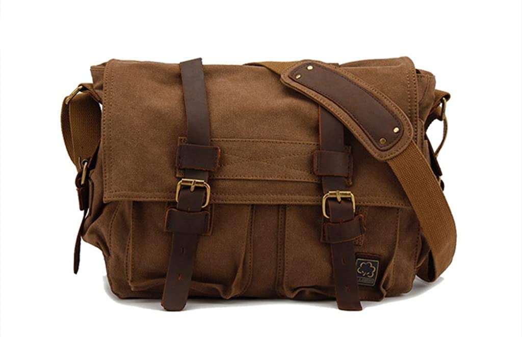 Sechunk Vintage Military Leather Canvas Laptop Bag Messenger Bags Medium - Medium--15‘’ Coffee