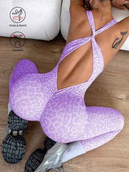 Slayoga 1 pezzo Tuta da donna con stampa leopardata, lunghezza 7/8, per yoga e allenamento'