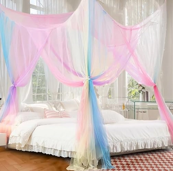 Curtains Bed Canopy Rainbow Mosquito Net for Bed Canopy 4 Corner Post Elegant Mosquito Net Set, Stick Hook &Profession Rope for net, Screen Netting Canopy Curtains, Full/Queen/King