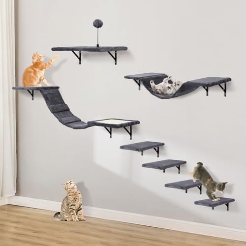Katzen kletterwand Set mit Katzenbaum Hängematte,Katzenhöhle Wand,Katzenbrücke,Kratzbrett und Kratzbaum - 7-Teiliges Holz Katzenmöbel für Katzen Catwalk (Rauchgrau) - Rauchgrau