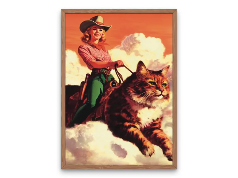 Herding Cats, Retro Cat Cowgirl Wall Art, Vintage Cowboy Art, Surreal Western Art Print, Cowgirl Riding Cat, Trendy Unique Western Decor