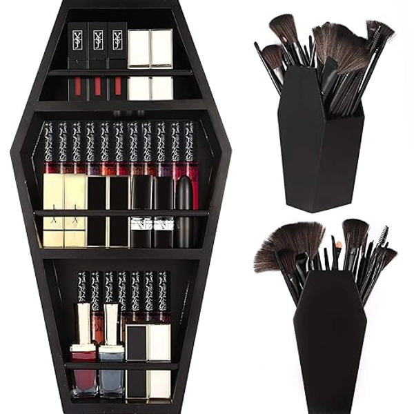 nanayo Makeup Coffin Shelf and Coffin Brush Holder – 3 Shelf Coffin Makeup Holder for Gothic Decor – Free Standing or Wall Hanging Makeup Organizer Spooky Coffin Decor for Bedroom or Bathroom