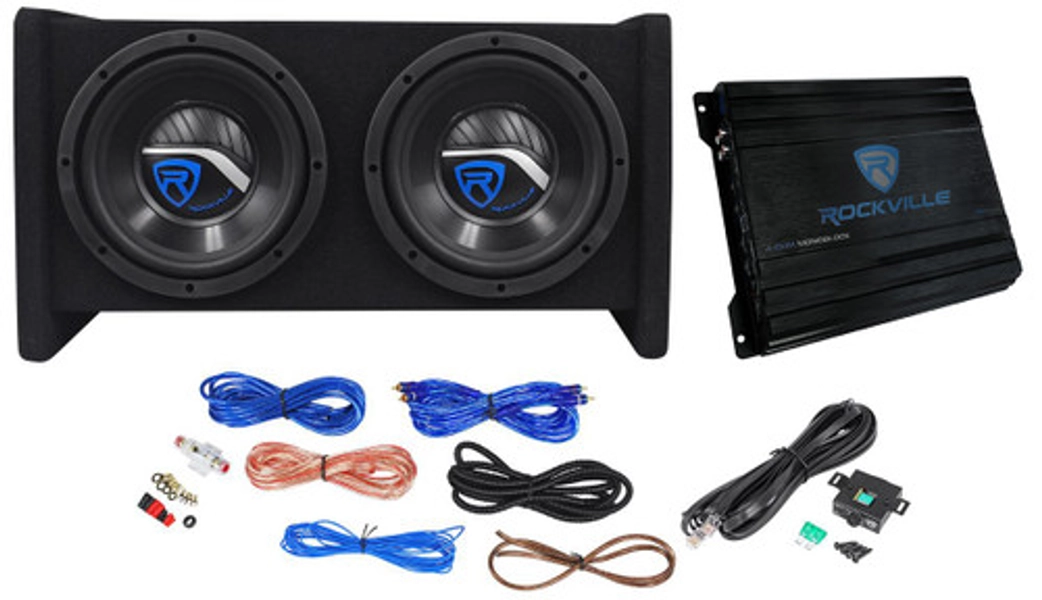 Rockville RV8.2A 800 Watt Dual 8" Car Subwoofer Enclosure+Mono Amplifier+Amp Kit