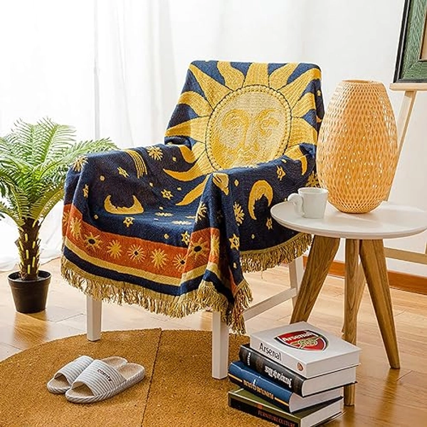 MayNest Sun And Moon Stars Hippie Throw Blanket Celestial Tapestry Double-sided Reversible Woven Cotton Home Decor Bedding Chair Couch Recliner Cover Loveseat Rug Oversized Tassels Blue Yellow (71x51)