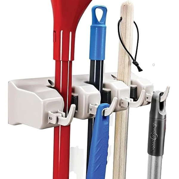 HOME IT Mop and Broom Holder - Garage Storage Systems with 3 Slots, 4 Hooks, 7.5lbs Capacity Per Slot - Garden Tool Organizer for 7 Tools - for Home, Kitchen, Closet, Garage, Laundry Room - Off-White
