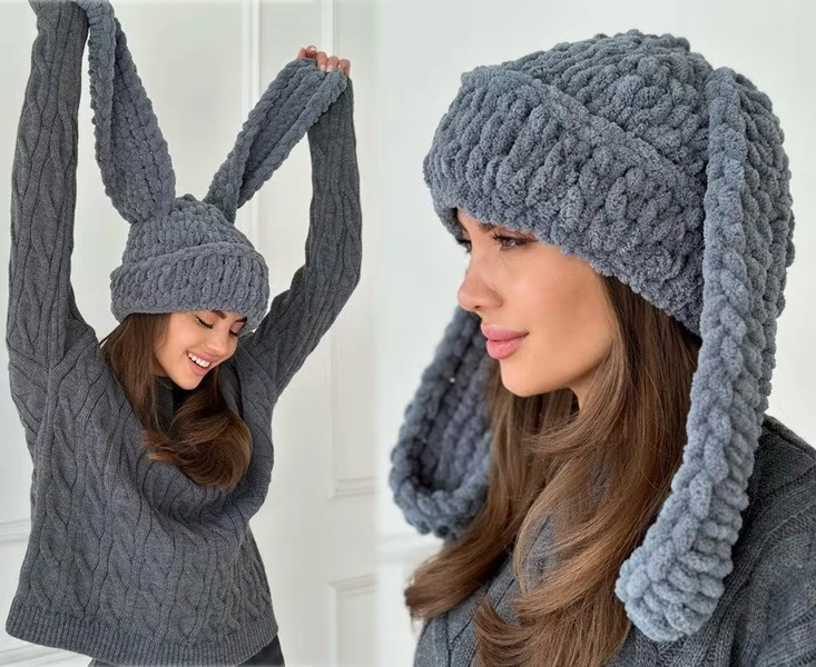 Winter Knit Hats Women - Plush Winter Hat with Bunny Ears, Gift for Her, Funny Custom Warm Hat, Mother Daughter Gift