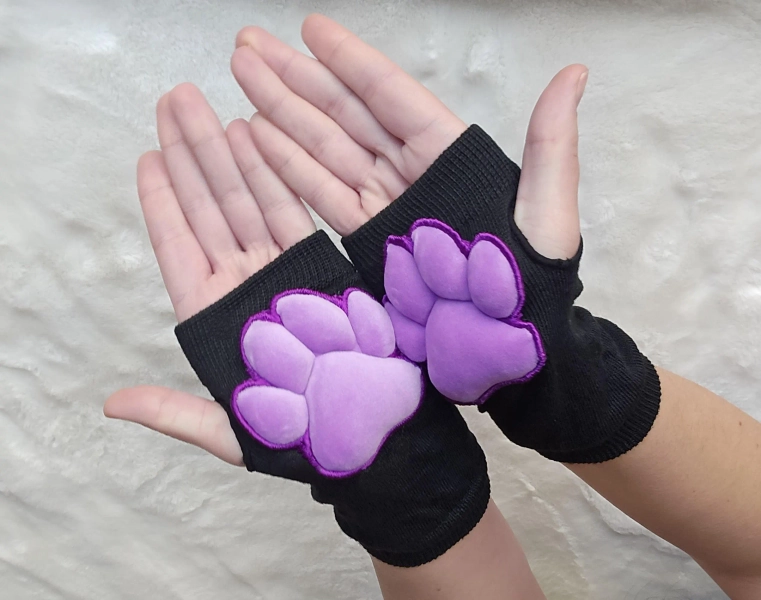 Purple Mochi Stuffed Cat Puffy Pawpad Bean on Black Gloves Furry Cosplay