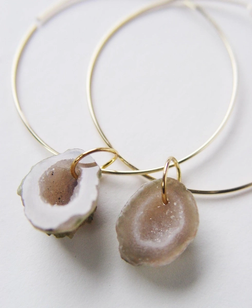 Vanilla Geode Druzy Gold Earrings OOAK HoopsGift For Mom