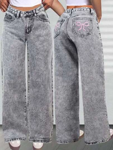 Girl's Loose Fit Butterfly Print Denim Wide-Leg Pants