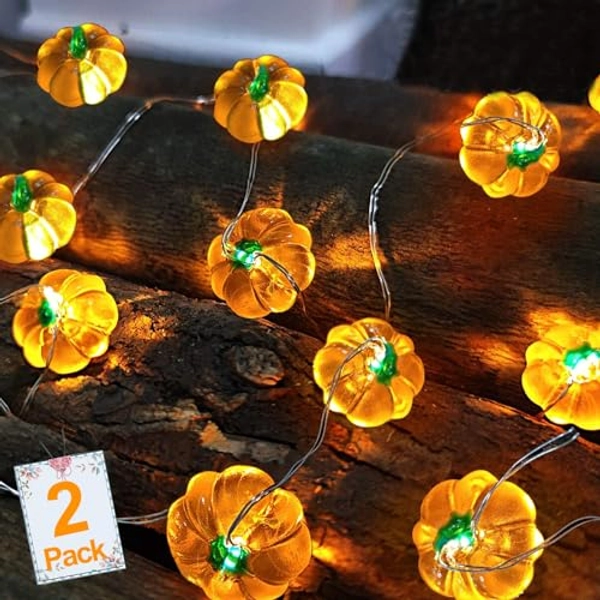 TURNMEON Fall Decorations for Home, 2 Pack 3D Fall Pumpkin Lights Total 20Ft 40LED Warm White Pumpkin String Lights Battery Operated Orange Lights Halloween Thanksgiving Decorations for Indoor Home