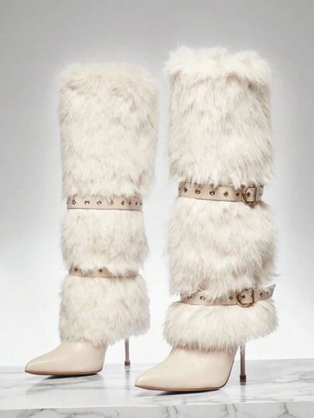 SHUZIA Botas de tacón de aguja de tacón alto hasta la rodilla con decoración de correa hebillada, de moda para mujeres