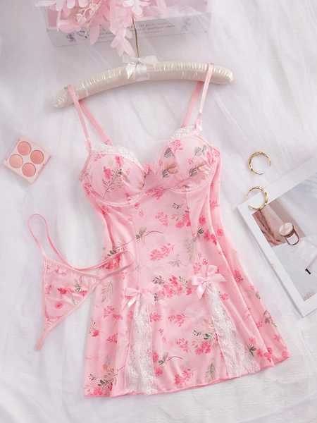 2pcs/Set Women's Floral Printed Contrast Lace Cami Sleep Dress And Thong Set Lingerie