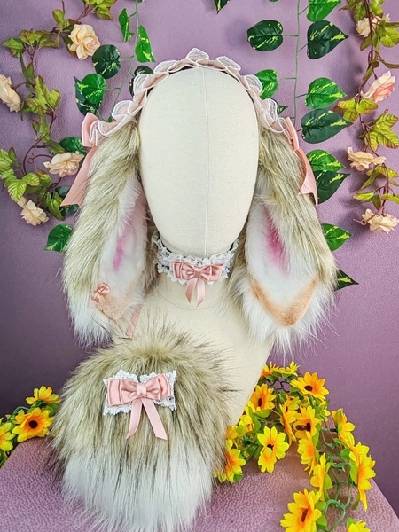 Pink Maid Bunny Ears, tail and collar set faux fur ears cosplay kemonomimi faux fur ears headband bunny tail