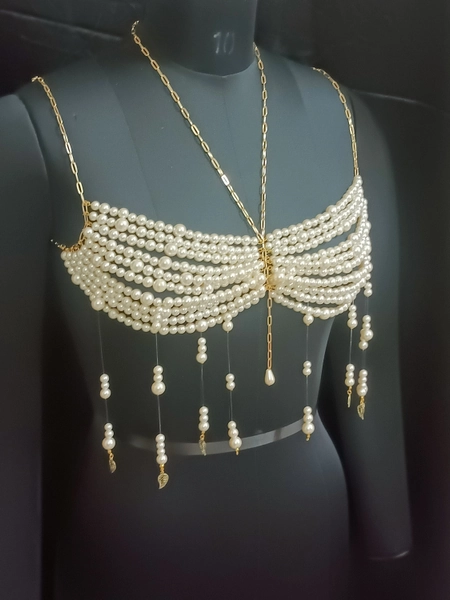 Handmade Pearl Body Chain, Bridal Body Top, Gold Bikini Jewelry Pearl Body Chain Bra, Shoulder Necklaces Bra, Pearl Cape, Wedding Jewelry