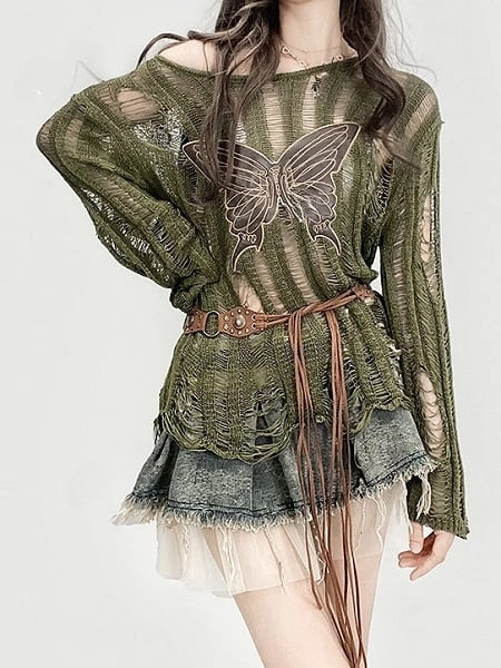 [$37.59]Green Bittersweet Glamorous Butterfly Applique Sun Protection Knitted Long Sleeve Top