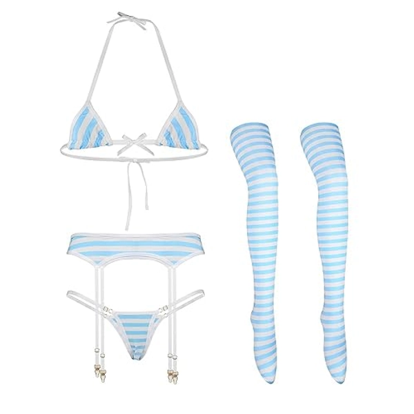 SPORCLO Cute Anime Lingerie with Garter and Stockings for Women Kawaii Lolita Bikini Set Striped Bra and Panty Sets 4PCS B-garter Blue
