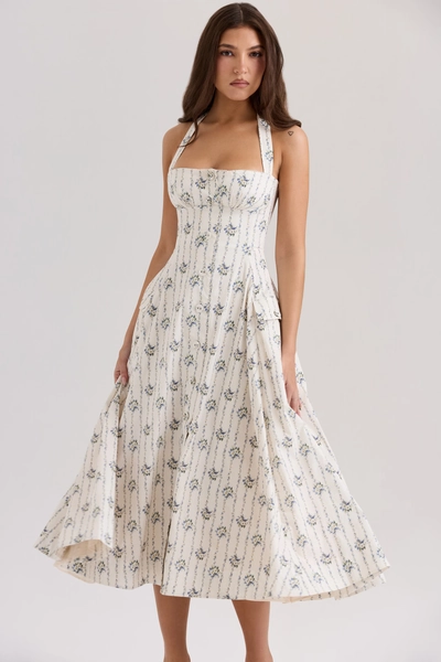 Claudia Cream Daisy Print Stretch Cotton Halter Neck Midi Dress