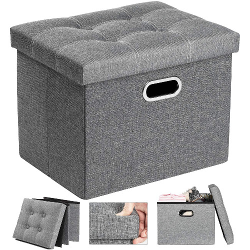 COSYLAND Ottoman with Storage for Room Folding Ottoman Foot Stool Footrest Seat Linen Fabric Ottoman Small Rectangle Collapsible Bench with Handles Lid Toy Chest Light Gray L17 x W13 x H13 inches - 