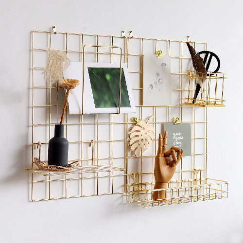 FRIADE Wall Grid Panel for Photo Display,Wall Storage Organizer ,5 Metal Clips & 3 S Hooks & 4 Nails & 4 Plastic Hanging Buckles and 4 Screws Offered,Size 17.5" x 11.8",2 Pack(Gold) - Gold