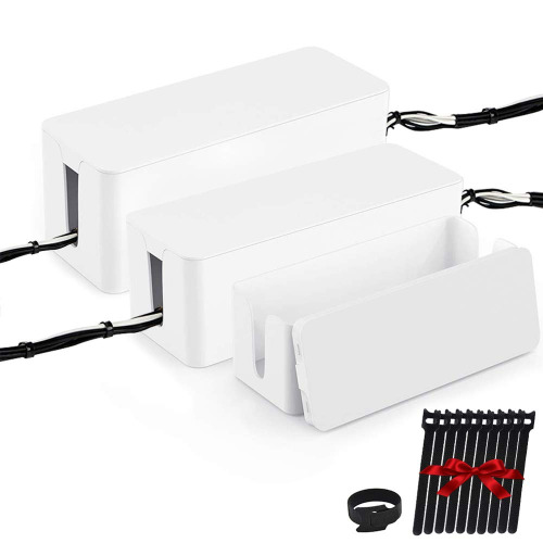 [Set of Three] Cable Management Boxes Organizer, Large Storage Wires Keeper Holder for Desk, TV, Computer, USB Hub, System to Cover and Hide & Power Strips & Cords (Ice White) - 3 Set (L+M+S) Ice White