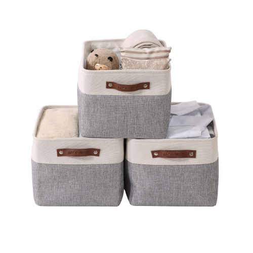 DECOMOMO Storage Bins | Fabric Storage Basket for Shelves for Organizing Closet Shelf Nursery Toy | Decorative Large Linen Closet Organizers with Handles Cubes (Grey and White, Large - 3 Pack) - Grey and White Large/3P - 15"x11"x9.5"