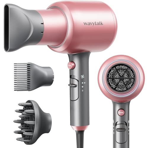 Wavytalk Professional Ionic Hair Dryer Blow Dryer with Diffuser and Concentrator for Curly Hair 1875 Watt Negative Ions Dryer with Ceramic Technology Nozzle for Fast Drying as Salon Light and Quiet - Cyber Rose Pink (Comb+diffuser+nozzle)