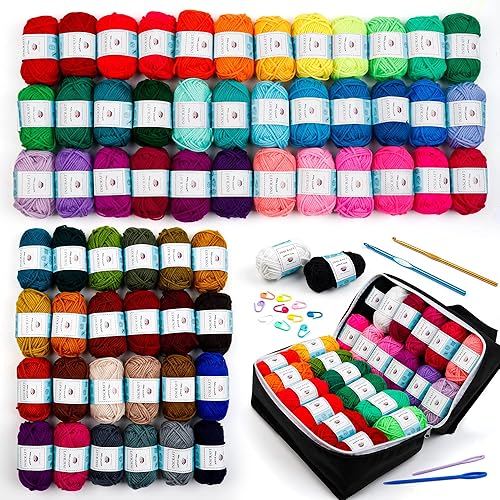 INSCRAFT 62 Acrylic Yarn Skeins, 2170 Yards Yarn for Knitting and Crochet, Includes 2 Crochet Hooks,2 Weaving Needles,10 Stitch Markers, Perfect Beginner Kit for for Adults Kids - black