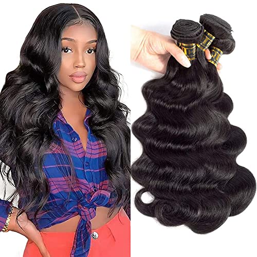 QTHAIR 14A Body Wave Human Hair Weave (16 18 20 22,400g,Natural Black) 100% Unprocessed Brazilian Virgin Hair Extensions Bundles - 16/18/20/22 Inch - #1b(Natural Black)