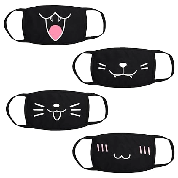 Lot de 4 masques de protection pour la bouche - En coton - Motif dessin animé - Noir - Étanche à la poussière - En coton - Réutilisable - Lavable