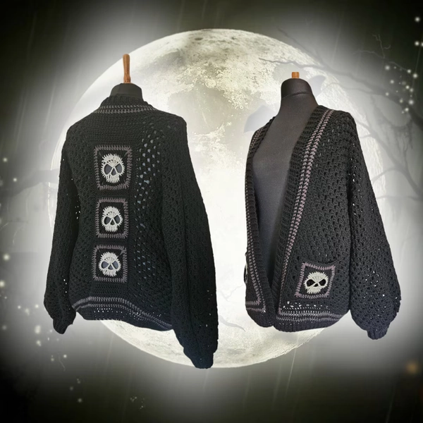 Skull hexagon cardigan with Granny square back detail and pockets Crochet Pattern