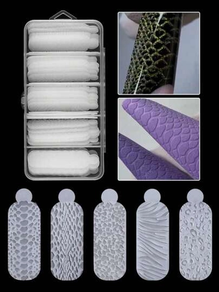 Nail Art Silicone Printing Mold Kit With 5 Patterns Each Containing 12 Pieces In Different Sizes Suitable For Most False Nail Tips, Fits For Gel, Acrylic Soft Film, And Crystal Cat Eyes Nail, DIY Nail Art Tool