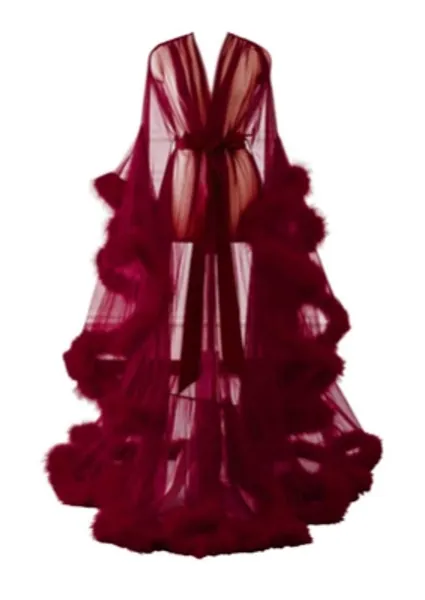 Changuan Sexy Illusion Long Lingerie Robe Nightgown Bathrobe Sleepwear Feather Bridal Robe Wedding Scarf