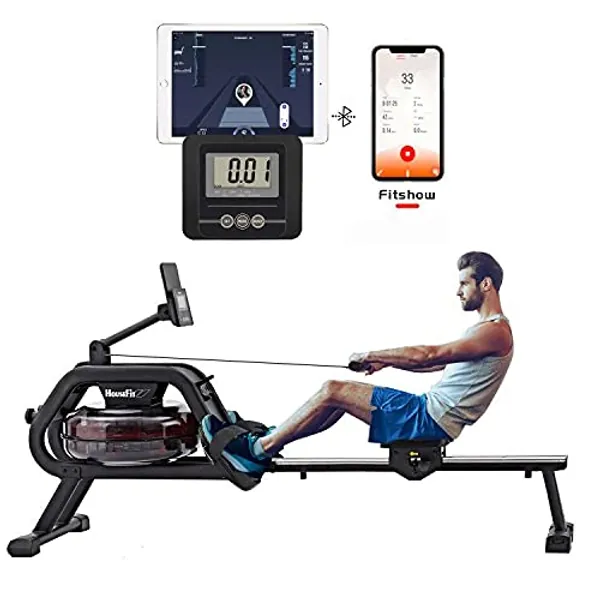 HouseFit Water Rower Rowing Machine with Bluetooth APP 330Lbs Weight Capacity for Home use Water Resistance Row Machine Exercise Equipment with iPad and Phone Support LCD Digital Monitor