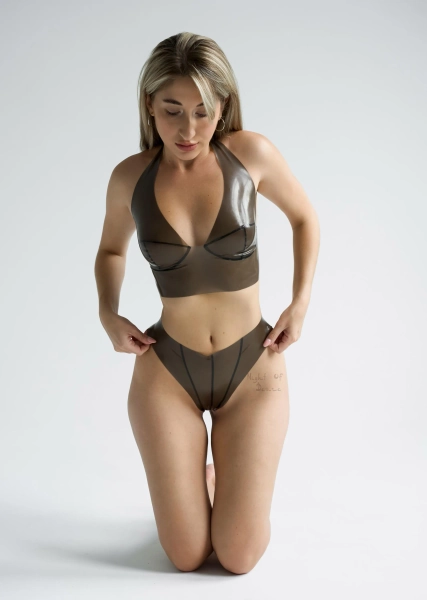 Latex Lingerie Outfit - Triangle Bra + Bikini with Seams - Translucent & Black Set Top Panties Female Fetish Costume for Woman