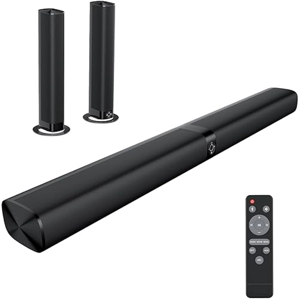 Assistrust Sound Bar for Smart TV, 60W Soundbar with Bluetooth/ARC/Opt/AUX Connect, Auto Volume Boost, 3 Equalizer Modes, 2 in 1 Detachable Soundbar for TV/PC/Gaming/Projectors - Black