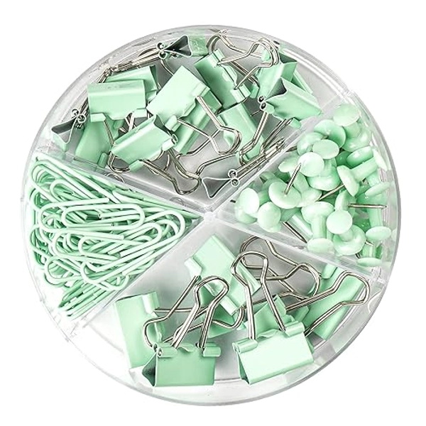 DANRONG 97 PCS Office Supplies for Women, Paper Clips, Binder Clips and Push Pins Set, Paperclips Thumb Tacks School and Home Desk Supplies, Desk Organized (Green)