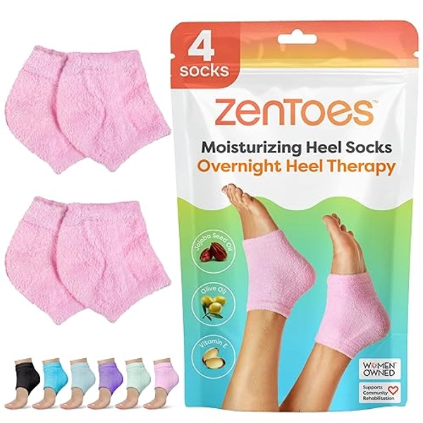 ZenToes Moisturizing Sleep Socks with Vitamin E, Olive Oil and Jojoba Seed Oil to Soften and Hydrate Dry Cracked Heels (Fuzzy Pink, Regular)