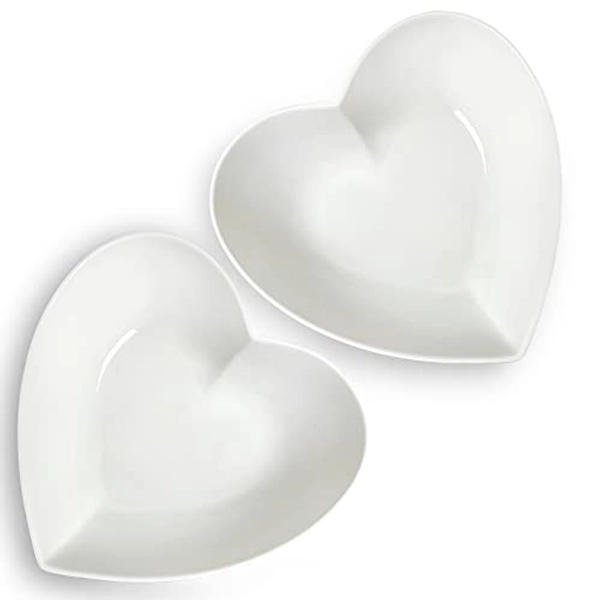 Keponbee Large Porcelain Heart Bowls White Deep Heart Shaped Plates for Salad/Fruit/Pasta or Baking Heart Cake, 10 Inch, 2 pcs