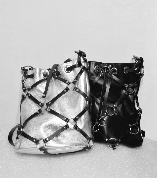 SIN CAGED BAG: Leather drawstring bag with the harness cage, Black/Silver color