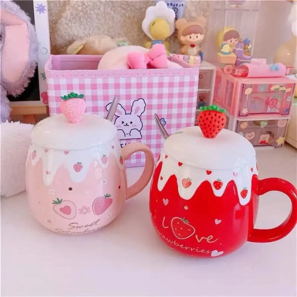 Strawberry Desert Mugs with Lid and Spoon for a Kawaii Morning