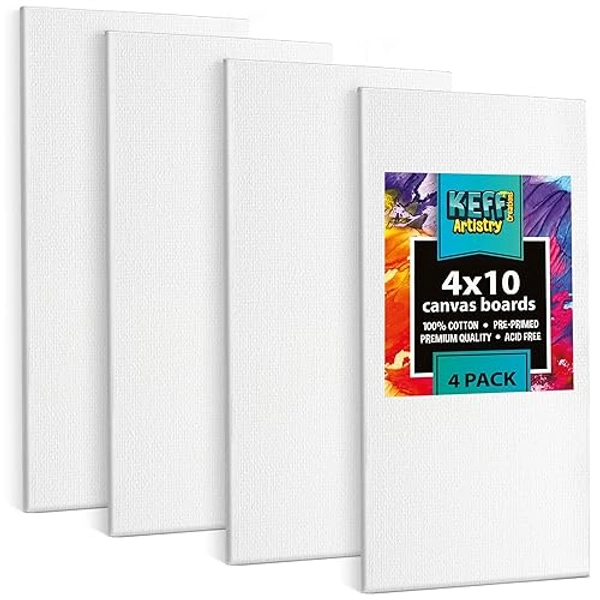 KEFF Canvas Boards for Painting - 4x10 4-Pack Bulk Canvas Panels, 100% Cotton Triple Primed Small Canvases for Painting Supplies, Acrylic, Oil, Watercolor & Tempera
