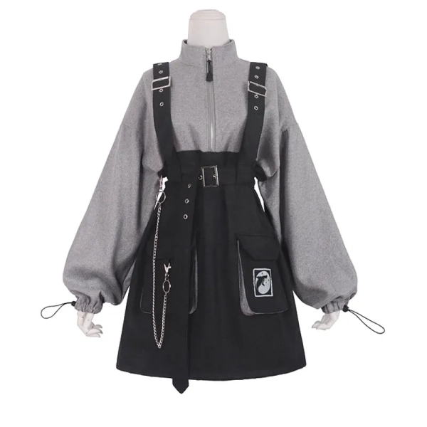 Punk Zipper Chain Pocket Sweatshirt Dress with Chest Waist Strap Adjustable Buckle Belt