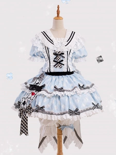 [$117.00]Blue and White Plaid Pattern Alice in Wonderland Vibes Sailor Collar Sweet Puff Sleeves Lolita Dress
