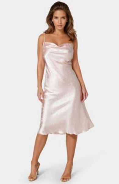 Women's Satin Jacquard Midi Slip Dress, Small, Pink