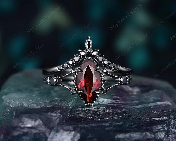 Black Gold Marquise Garnet Engagement Ring Set, Unique Rhodium Black Promise Ring, Gothic Bridal Set, Black Wedding Ring Anniversary Gift