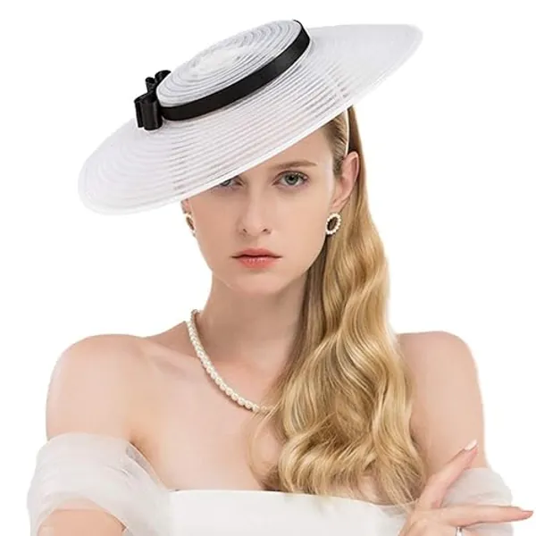 F FADVES Fascinators for Women Elegant Wide Brim Tea Party Church Wedding Hat - Medium-Large - White