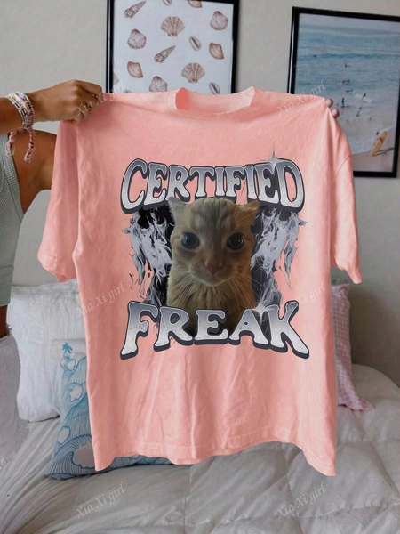 Certified Freak Funny Cat Meme T-Shirt, Vintage Kitty Graphic Tee, Retro Washed Cat Lover Shirt, Funny Pet Humor Gift, Unisex 90s Cat Top
